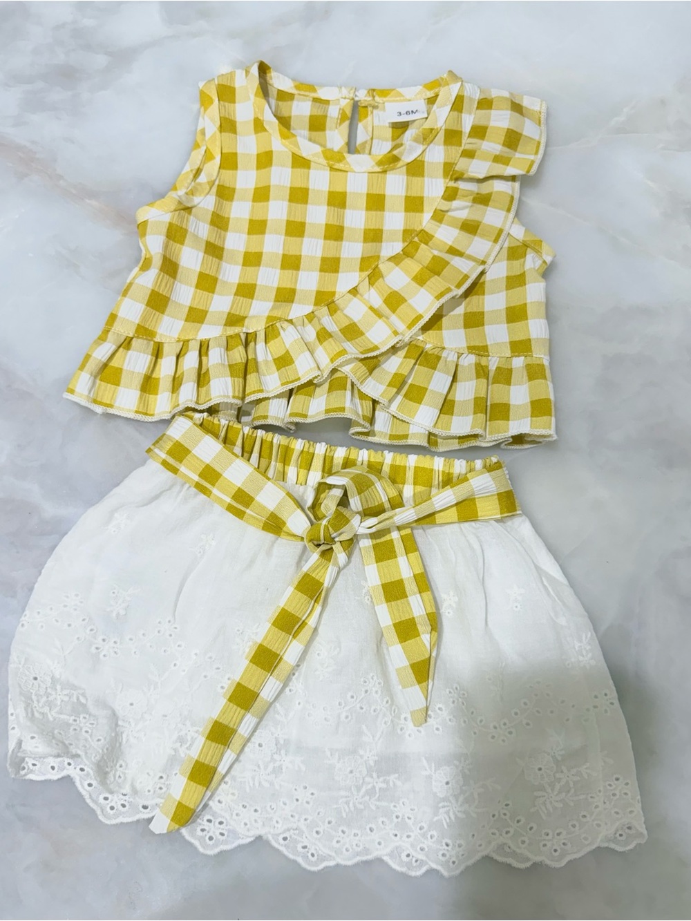 Baby Yellow Gingham Ruffle Top & White Eyelet Skirt Set 3-6 Months